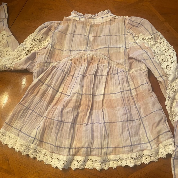 NWT Anthropologie PILCRO Purple Lavender Haze Plaid Crochet Sleeves Blouse - Picture 10 of 11